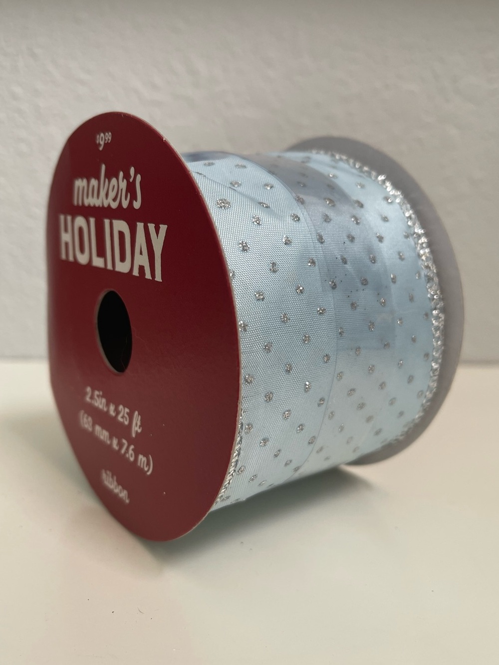 Ribbon Silver Polka Dots Blue 2.5in Wide 25ft Wire Edge Christmas Winter Wreath